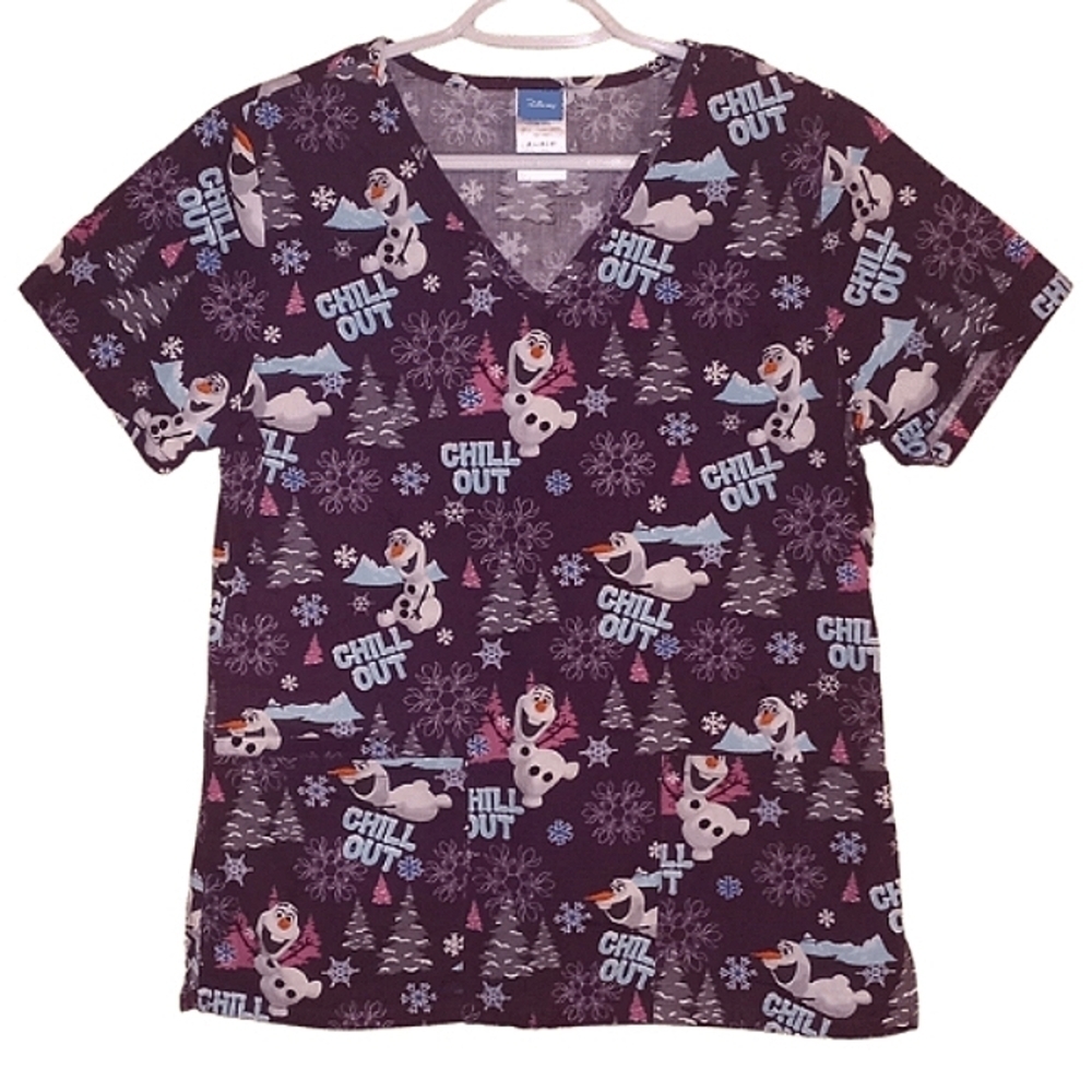 DISNEY Frozen Women's Scrub Top Olaf "Chill Out" Purple XS EUC - Picture 1 of 3